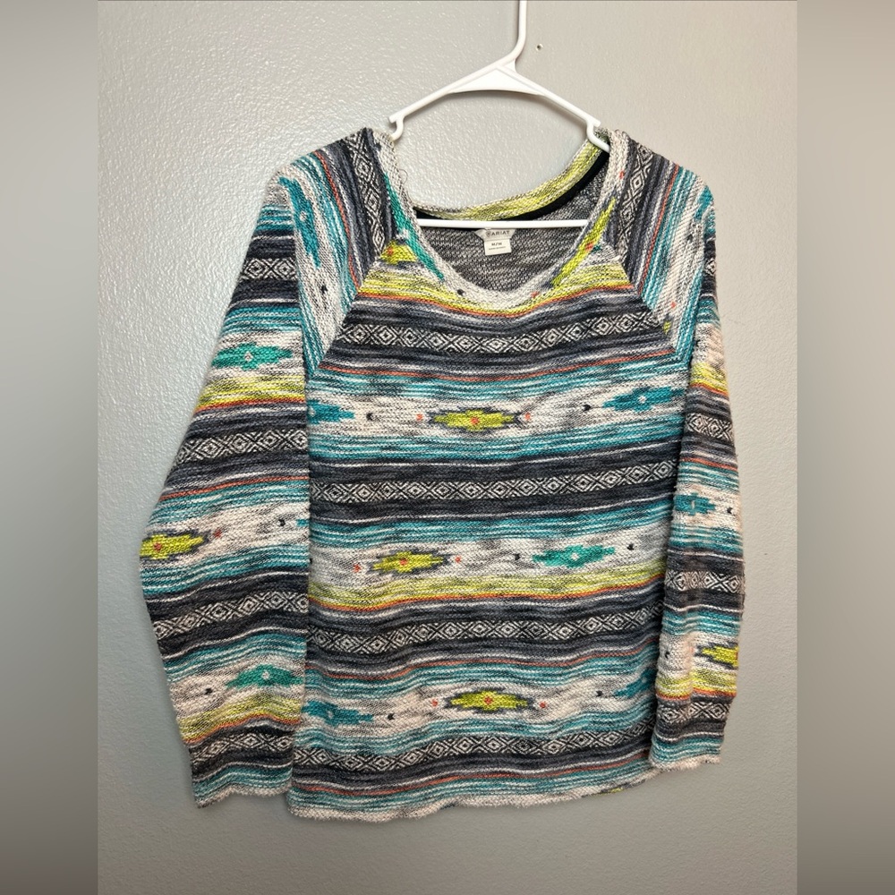ARIAT Southwestern Sweater Top Sandy Pullover Shirt Teal Striped Size Medium